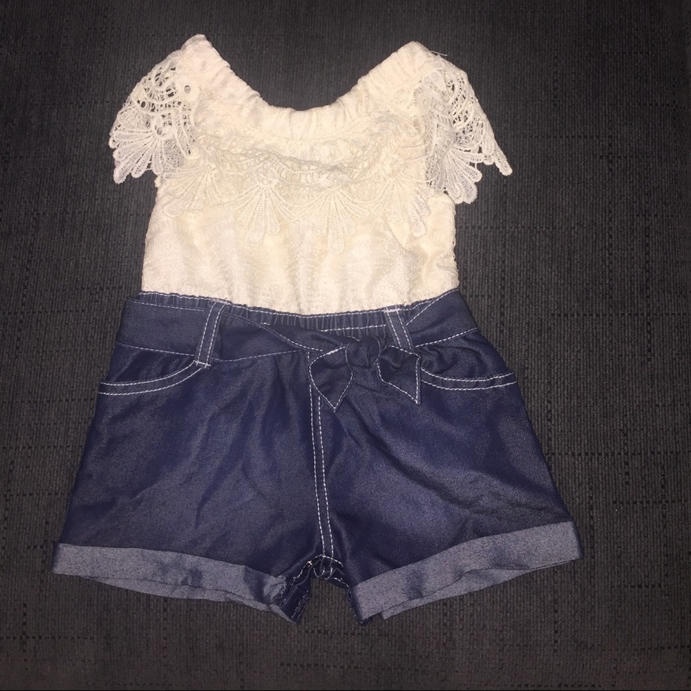 Ivory and Denim Ruffle Romper